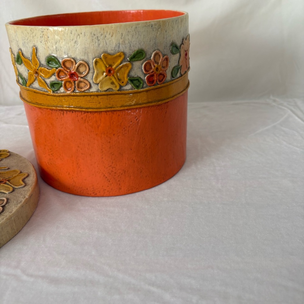 Vintage floral orange 70s paper mache storage canister home decor accent trinket - Picture 5 of 5